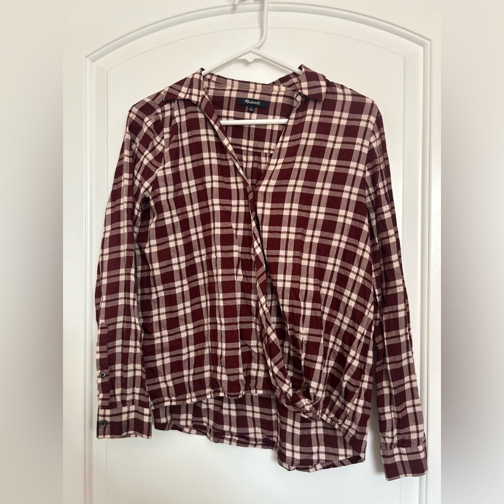 MADEWELL Arion Wrap Front Burgundy Plaid Gingham  Surplice preppy fall size S